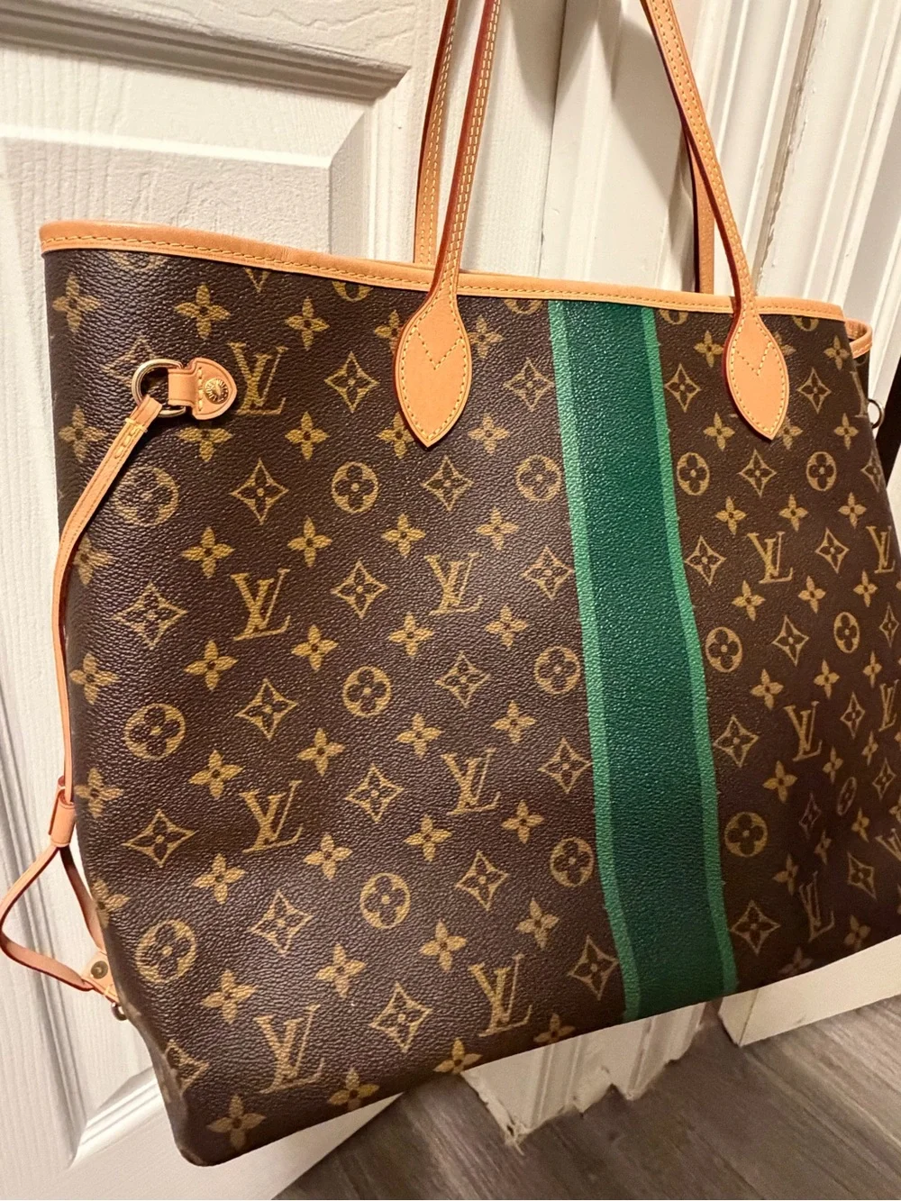 Louis Vuitton Neverfull GM Monogram Tote with Green Stripe personalized 100%auth